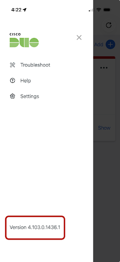 Screenshot of Duo application menu, with a red box outlining the version number in the bottom left corner