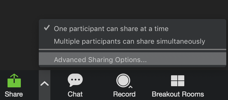 While in your meeting, click the up-arrow next to Share Screen -Screenshot image