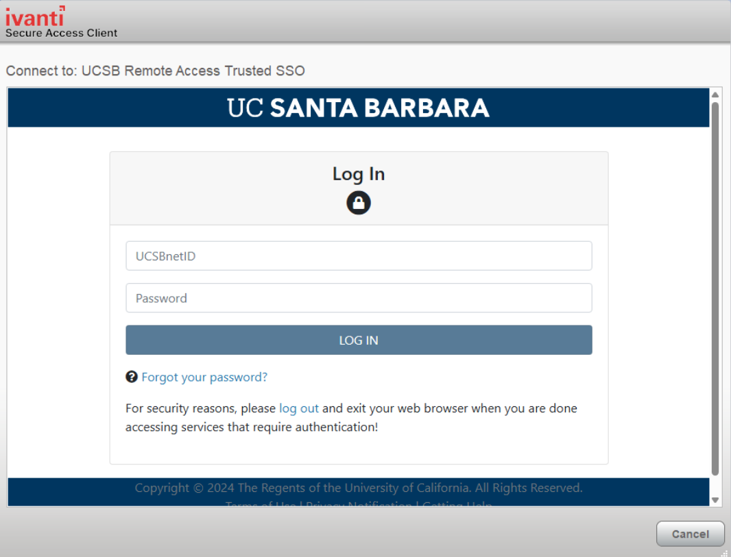  Ivanti client will bring up the SSO page for UCSB