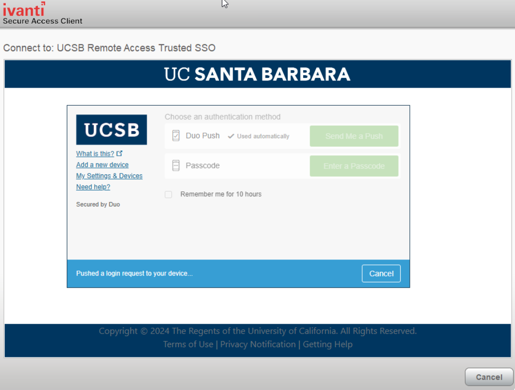 UCSB NetID credentials have been authenticated - screenshot - Image