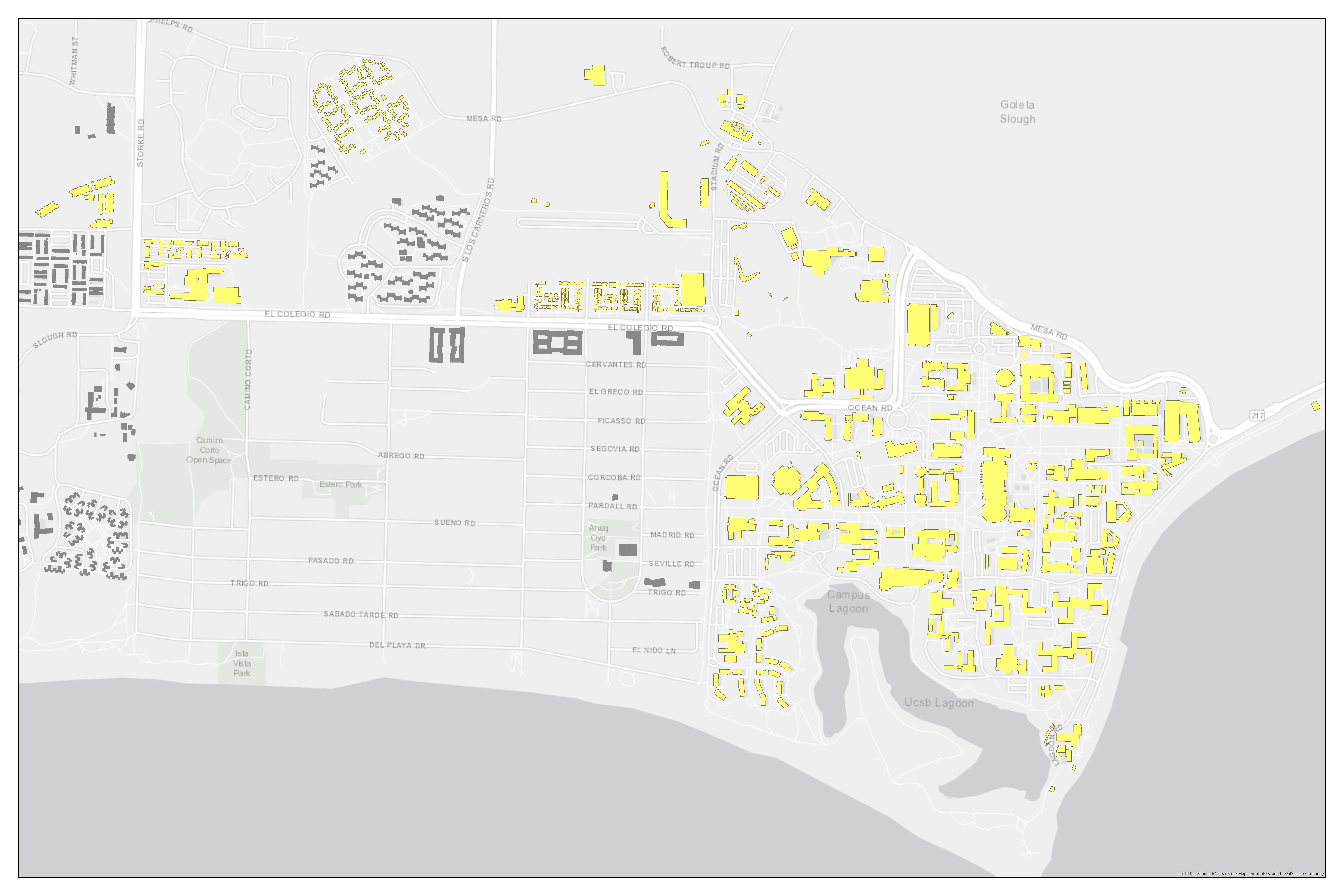 power outage map denotes affected buildings in yellow