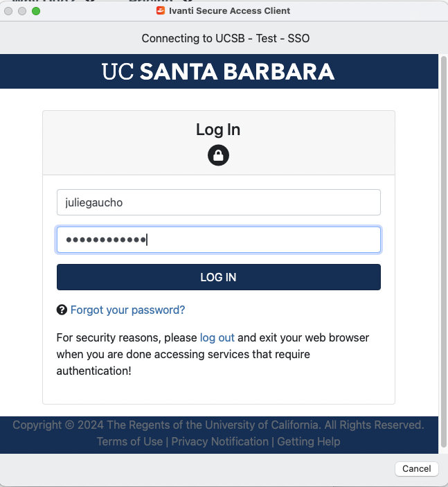 Mac OS VPN UCSB SSO sign-in page