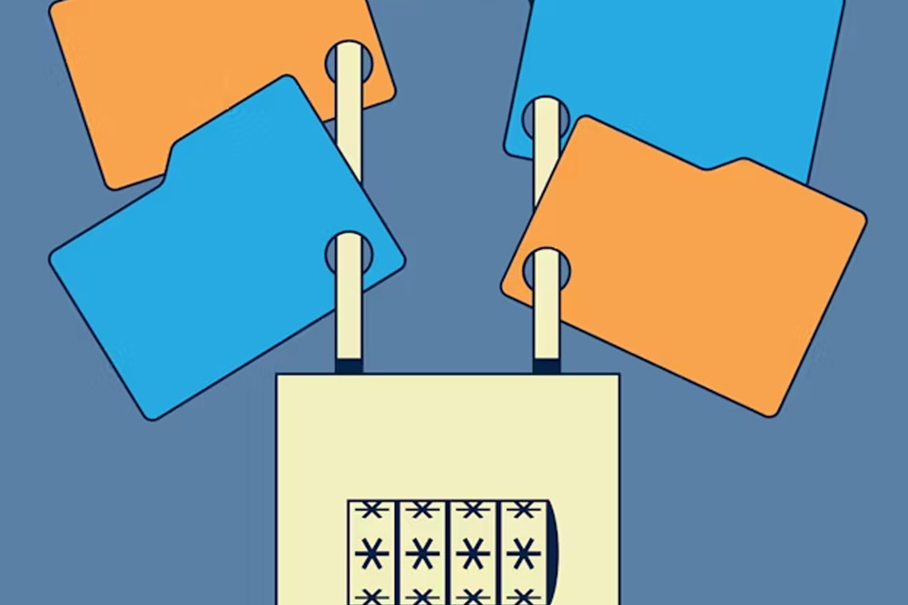 Abstract illustration of a lock with a password, securing multiple file folders