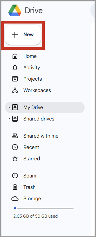 a screenshot of a Google Drive menu with the New option highlighted