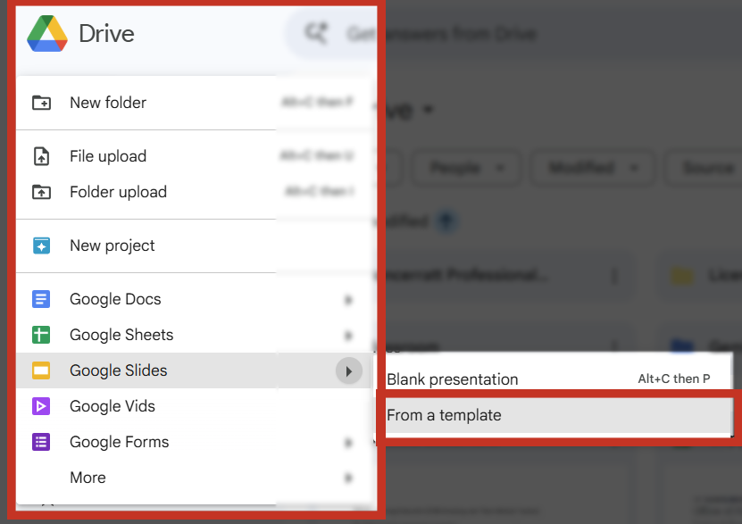 a screenshot of a Google Drive menu with the Google Slides, From a template option